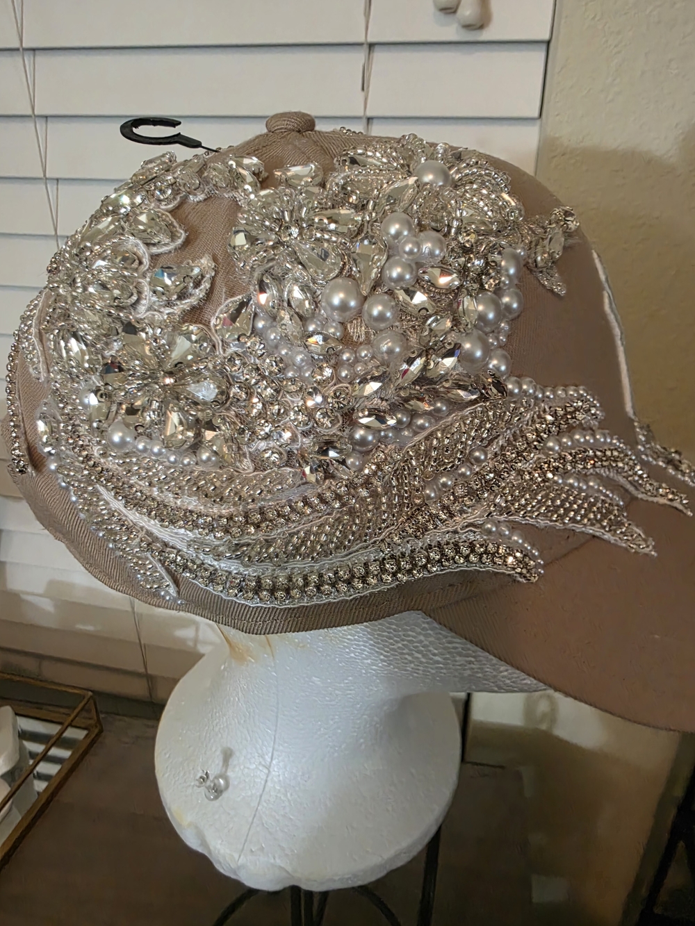 Embellished NY Baseball Cap in Taupe with Pearls & Crystals - Picture 4 of 7